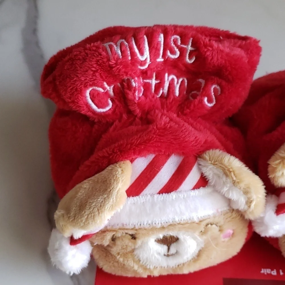 Make the Season Bright My First Christmas Booties w Striped Hat Bear 0-6 MOS